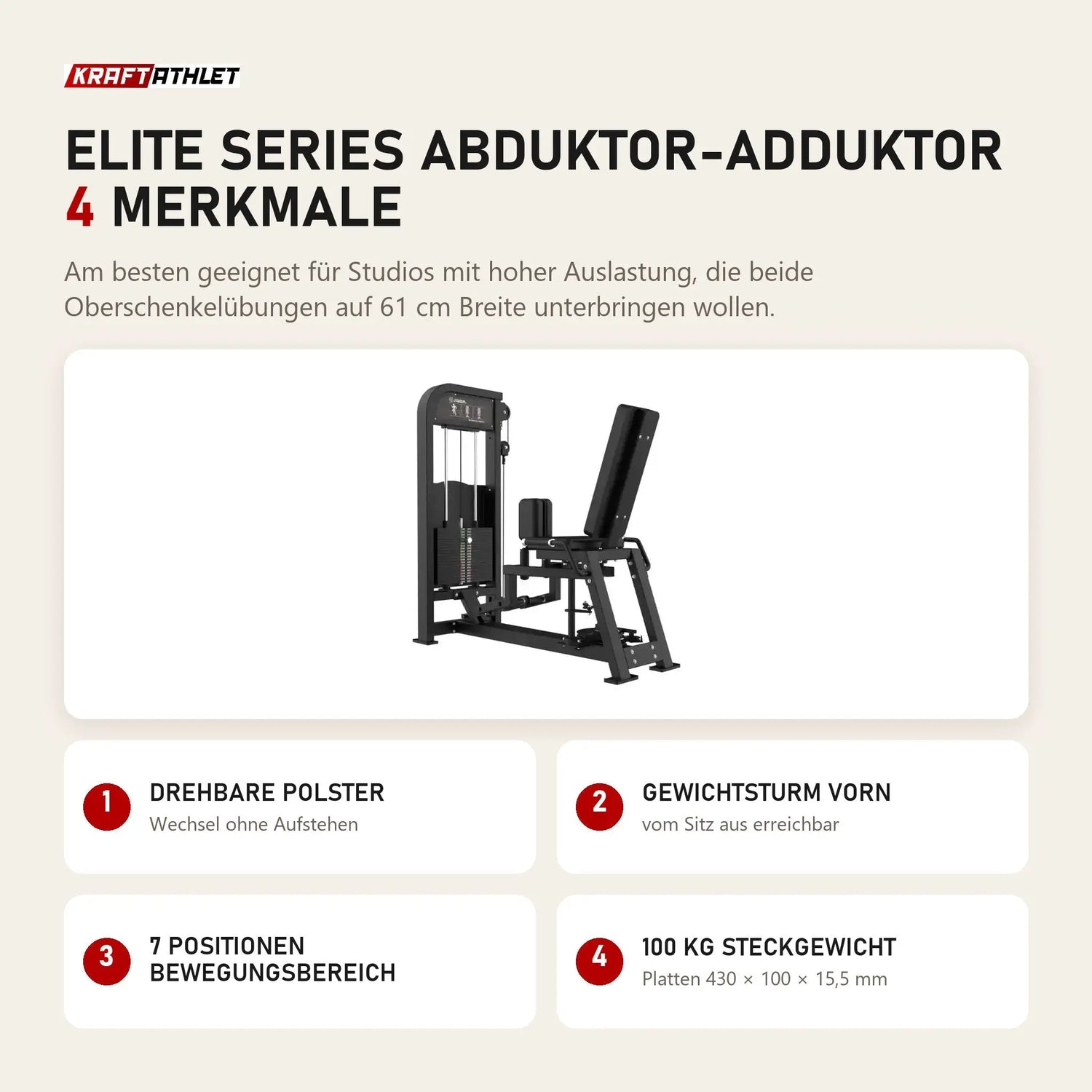 Titanium Strength Elite Series Abduktor-Adduktor mit 4 Merkmalen: Drehbare Polster, Gewichtsturm vorn, 7 Positionen Bewegungsbereich, 100 kg Steckgewicht