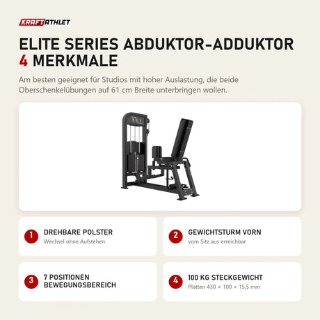 Titanium Strength Elite Series Abduktor-Adduktor mit 4 Merkmalen: Drehbare Polster, Gewichtsturm vorn, 7 Positionen Bewegungsbereich, 100 kg Steckgewicht