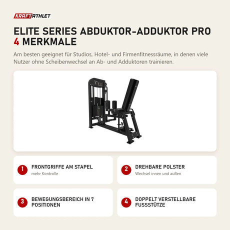 Titanium Strength Elite Series Abduktor-Adduktor Pro mit 4 Merkmalen: Frontgriffe am Stapel, Drehbare Polster, Bewegungsbereich in 7 Positionen, Doppelt verstellbare Fußstütze