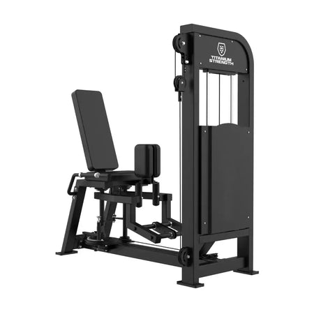 Titanium Strength Elite Series Abduktor-Adduktor – Schrägansicht von links mit Sitz und Gewichtsturm