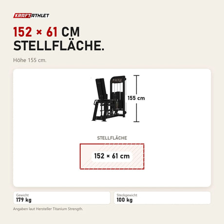 Maßbild Titanium Strength Elite Series Abduktorenmaschine: Stellfläche 152 × 61 cm, Höhe 155 cm