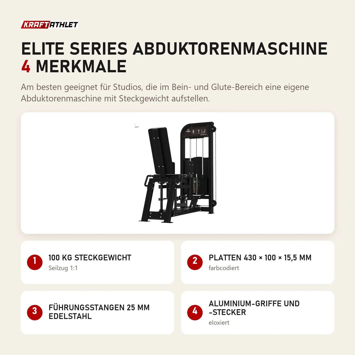 Titanium Strength Elite Series Abduktorenmaschine mit 4 Merkmalen: 100 kg Steckgewicht, Platten 430 × 100 × 15,5 mm, Führungsstangen 25 mm Edelstahl, Aluminium-Griffe und -Stecker