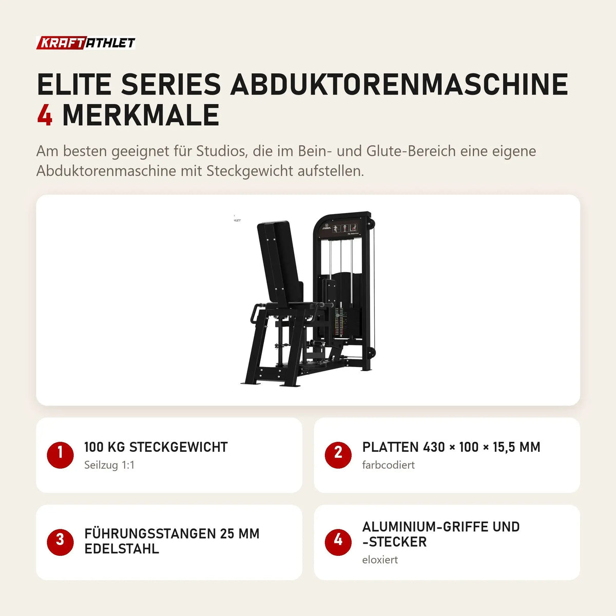Titanium Strength Elite Series Abduktorenmaschine mit 4 Merkmalen: 100 kg Steckgewicht, Platten 430 × 100 × 15,5 mm, Führungsstangen 25 mm Edelstahl, Aluminium-Griffe und -Stecker