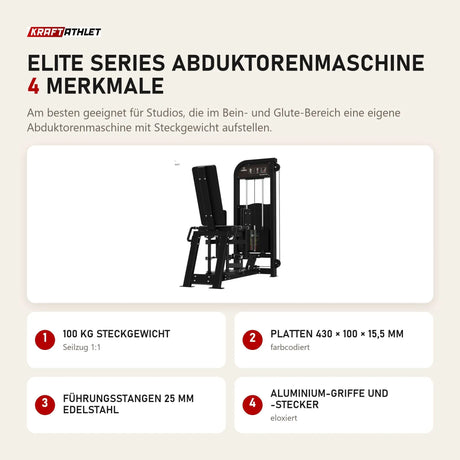 Titanium Strength Elite Series Abduktorenmaschine mit 4 Merkmalen: 100 kg Steckgewicht, Platten 430 × 100 × 15,5 mm, Führungsstangen 25 mm Edelstahl, Aluminium-Griffe und -Stecker