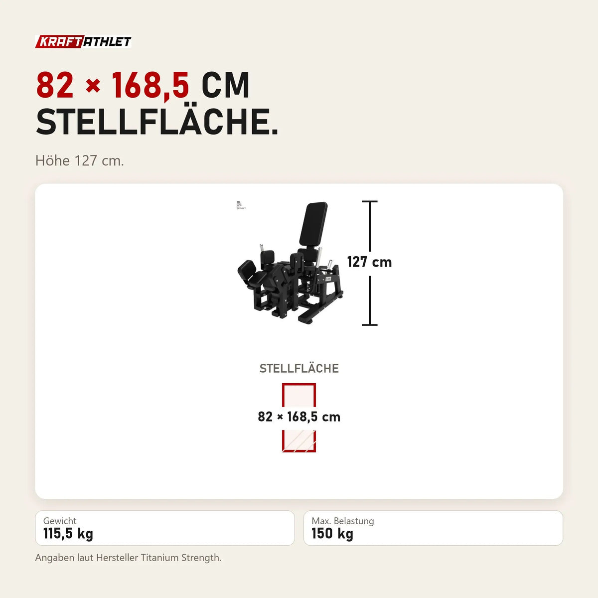 Maßbild Titanium Strength Elite Series Abduktorenmaschine Plate-Loaded: Stellfläche 82 × 168,5 cm, Höhe 127 cm