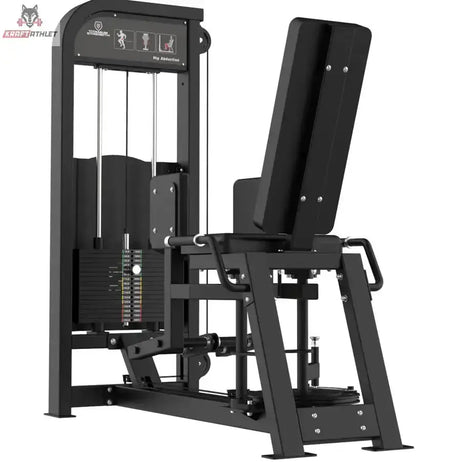 Titanium Strength Elite Series Abduktorenmaschine – Schrägansicht von rechts mit Rückenlehne und Beinhebeln