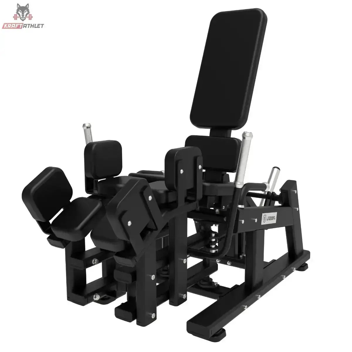 Titanium Strength Elite Series Abduktorenmaschine Plate-Loaded in Schrägansicht von vorn, schwarzer Rahmen mit gepolsterten Beinauflagen