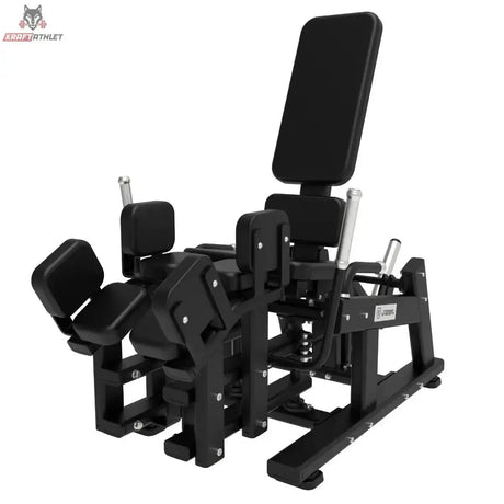 Titanium Strength Elite Series Abduktorenmaschine Plate-Loaded in Schrägansicht von vorn, schwarzer Rahmen mit gepolsterten Beinauflagen