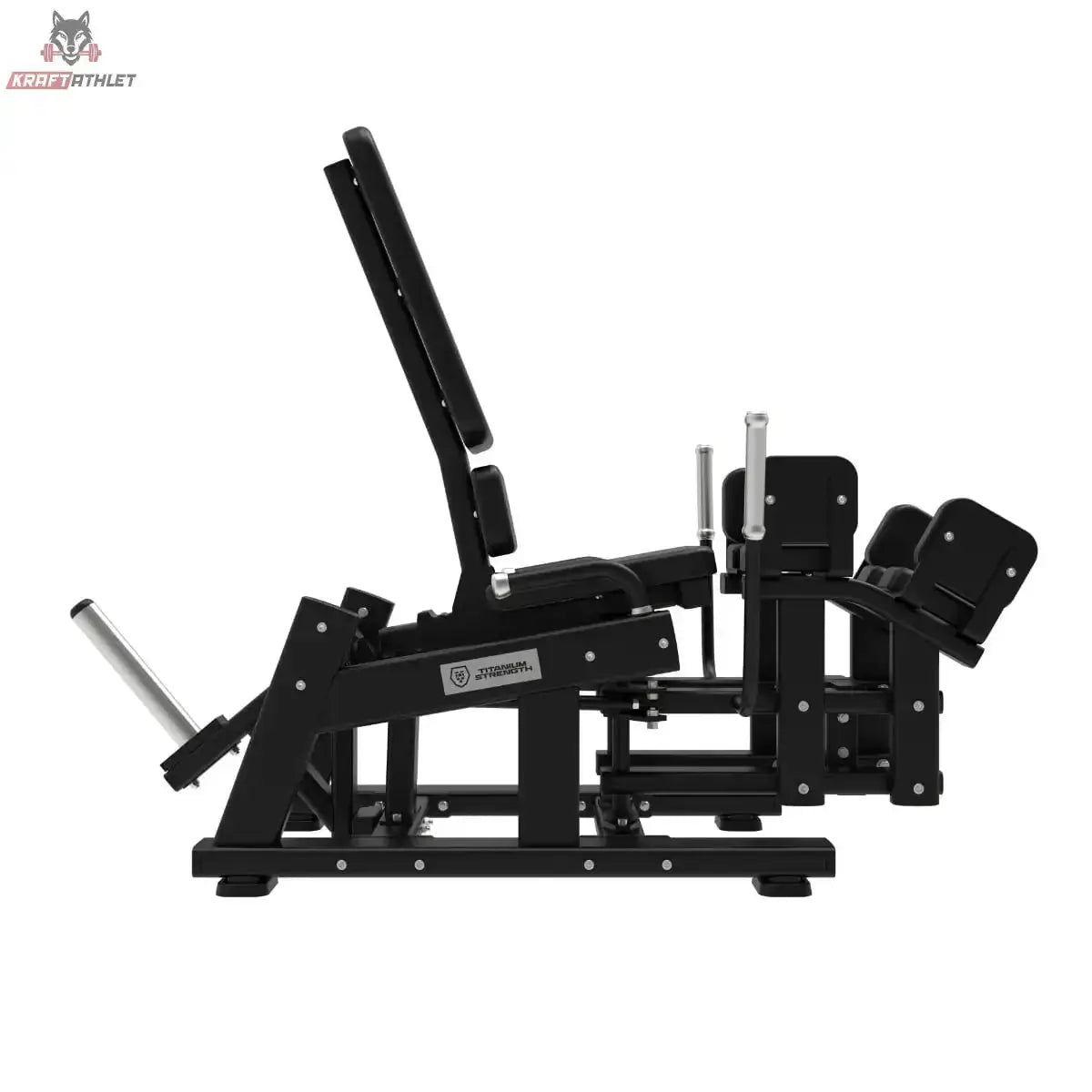 Titanium Strength Elite Series Abduktorenmaschine Plate-Loaded in Seitenansicht von rechts, schwarzer Rahmen und Scheibenhorne