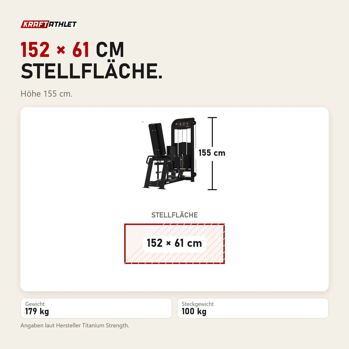 Maßbild Titanium Strength Elite Series Adduktorenmaschine: Stellfläche 152 × 61 cm, Höhe 155 cm