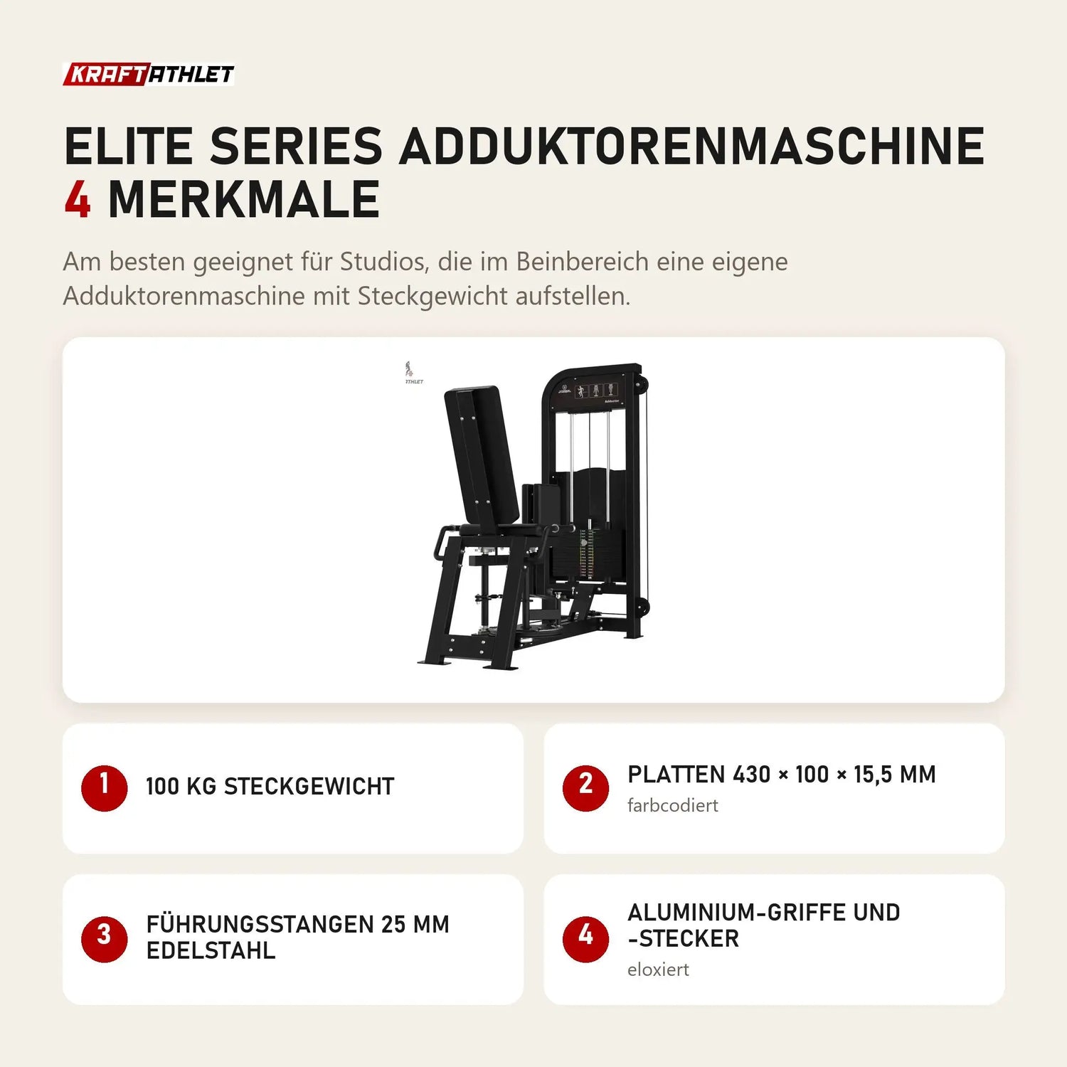 Titanium Strength Elite Series Adduktorenmaschine mit 4 Merkmalen: 100 kg Steckgewicht, Platten 430 × 100 × 15,5 mm, Führungsstangen 25 mm Edelstahl, Aluminium-Griffe und -Stecker
