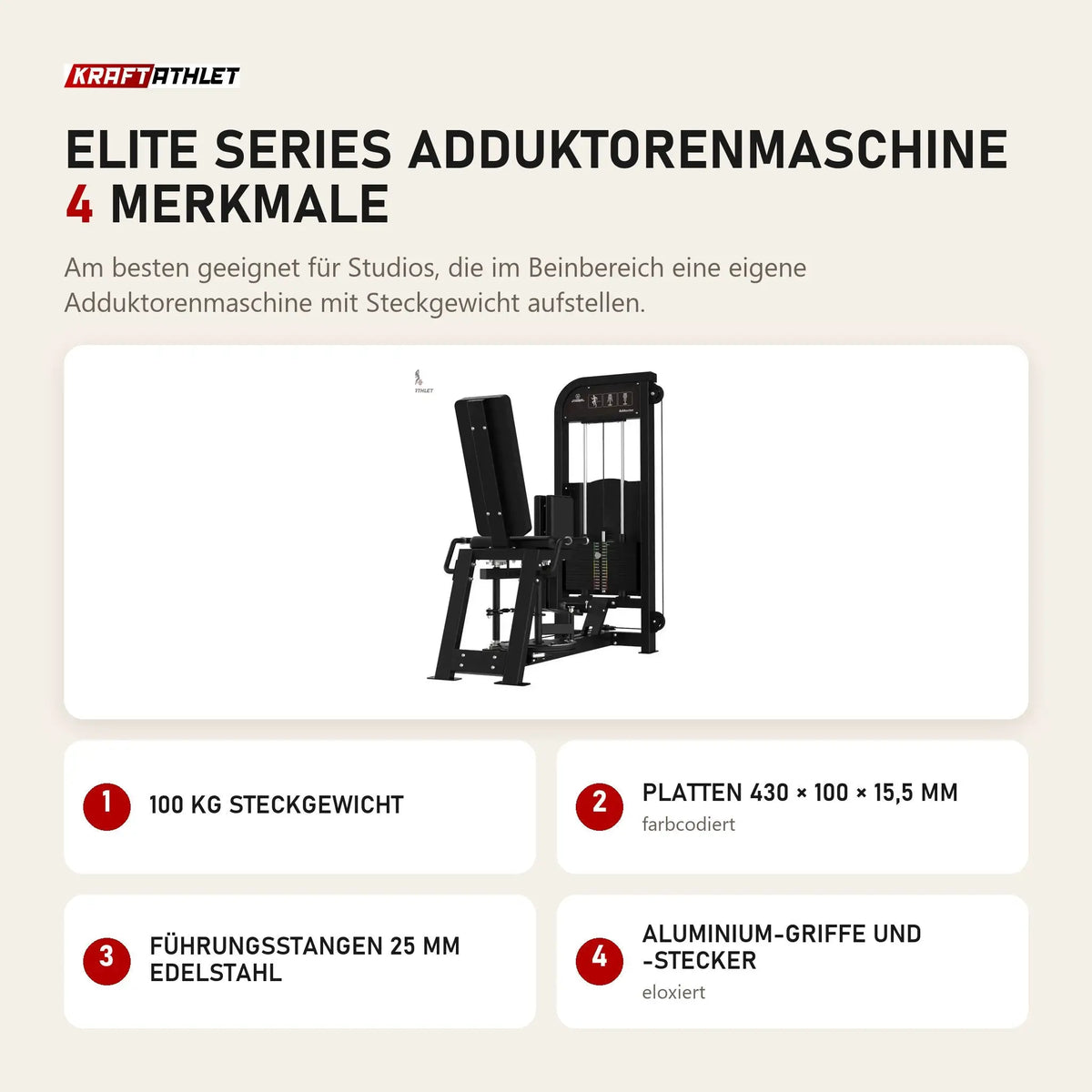 Titanium Strength Elite Series Adduktorenmaschine mit 4 Merkmalen: 100 kg Steckgewicht, Platten 430 × 100 × 15,5 mm, Führungsstangen 25 mm Edelstahl, Aluminium-Griffe und -Stecker