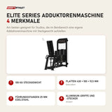 Titanium Strength Elite Series Adduktorenmaschine mit 4 Merkmalen: 100 kg Steckgewicht, Platten 430 × 100 × 15,5 mm, Führungsstangen 25 mm Edelstahl, Aluminium-Griffe und -Stecker