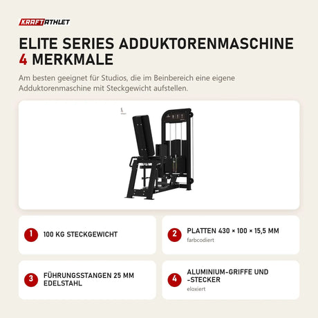 Titanium Strength Elite Series Adduktorenmaschine mit 4 Merkmalen: 100 kg Steckgewicht, Platten 430 × 100 × 15,5 mm, Führungsstangen 25 mm Edelstahl, Aluminium-Griffe und -Stecker