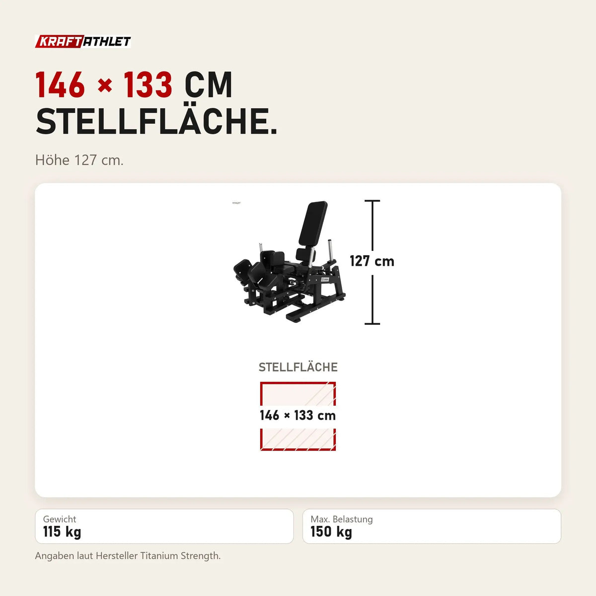 Maßbild Titanium Strength Elite Series Adduktorenmaschine Plate-Loaded: Stellfläche 146 × 133 cm, Höhe 127 cm