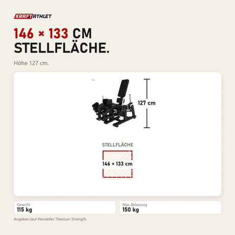 Maßbild Titanium Strength Elite Series Adduktorenmaschine Plate-Loaded: Stellfläche 146 × 133 cm, Höhe 127 cm