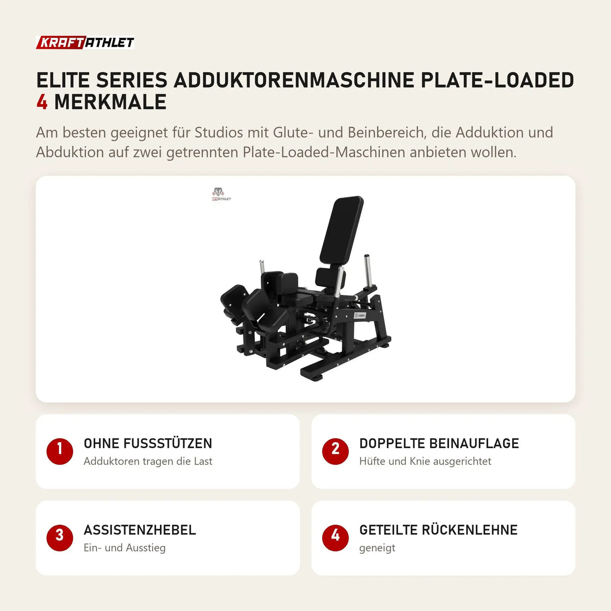 Titanium Strength Elite Series Adduktorenmaschine Plate-Loaded mit 4 Merkmalen: Ohne Fußstützen, Doppelte Beinauflage, Assistenzhebel, Geteilte Rückenlehne