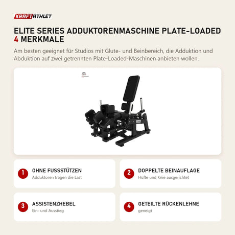 Titanium Strength Elite Series Adduktorenmaschine Plate-Loaded mit 4 Merkmalen: Ohne Fußstützen, Doppelte Beinauflage, Assistenzhebel, Geteilte Rückenlehne
