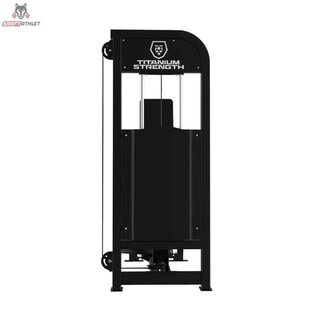 Titanium Strength Elite Series Adduktorenmaschine – Rückansicht mit Abdeckung des Gewichtsturms und Logo