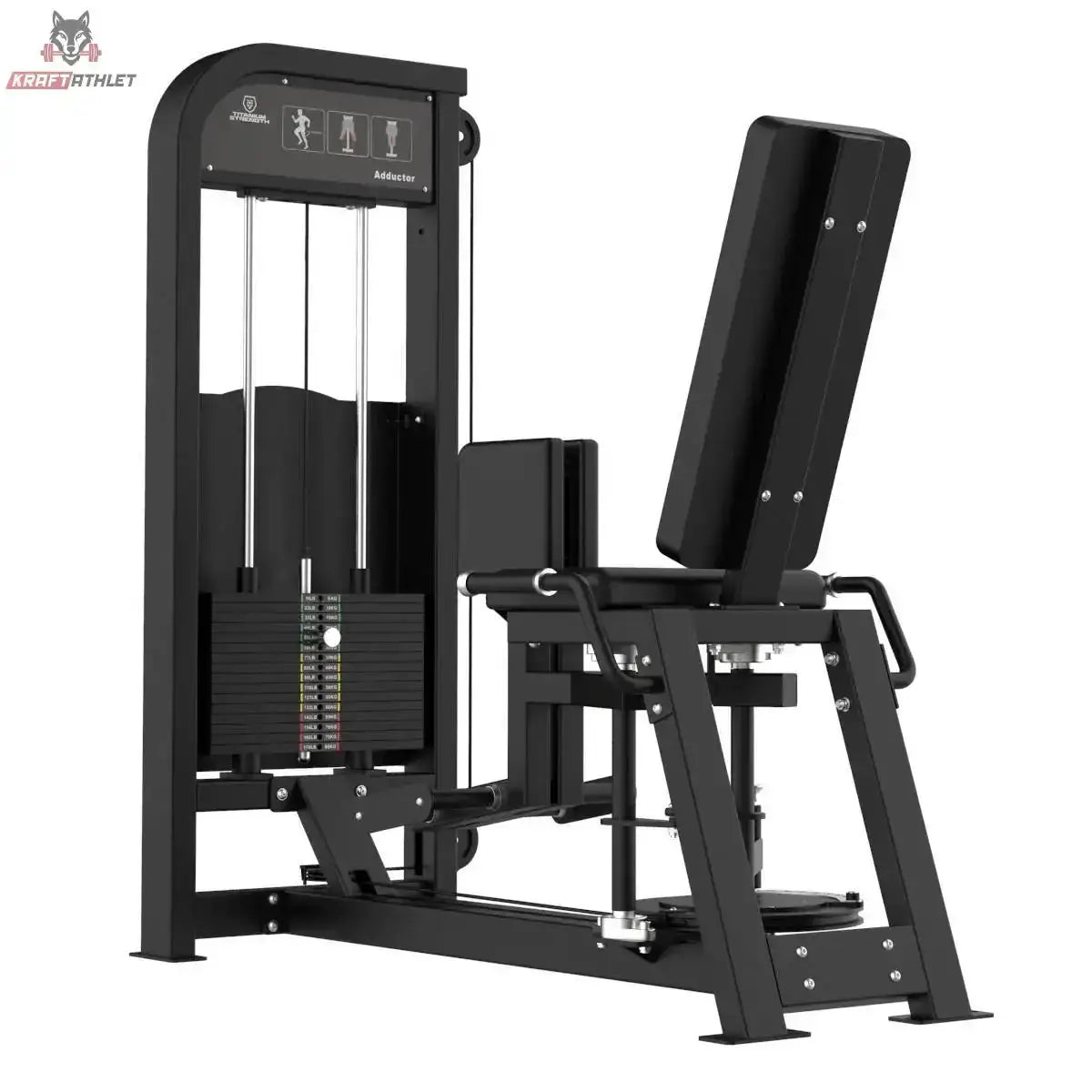 Titanium Strength Elite Series Adduktorenmaschine – Schrägansicht von rechts mit Rückenlehne und Beinhebeln