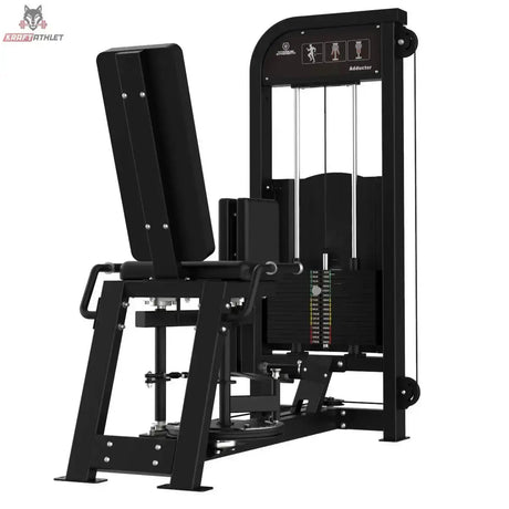 Titanium Strength Elite Series Adduktorenmaschine – Schrägansicht mit Rückenlehne, Beinpolstern und Gewichtsturm