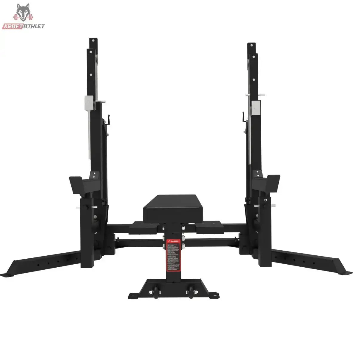 Titanium Strength Elite Series Bankdrücken & Squat Rack Combo in Frontansicht vom Kopfende der Bank mit beiden Ständern