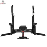 Titanium Strength Elite Series Bankdrücken & Squat Rack Combo in Frontansicht vom Kopfende der Bank mit beiden Ständern