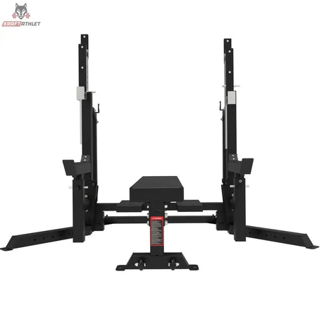 Titanium Strength Elite Series Bankdrücken & Squat Rack Combo in Frontansicht vom Kopfende der Bank mit beiden Ständern