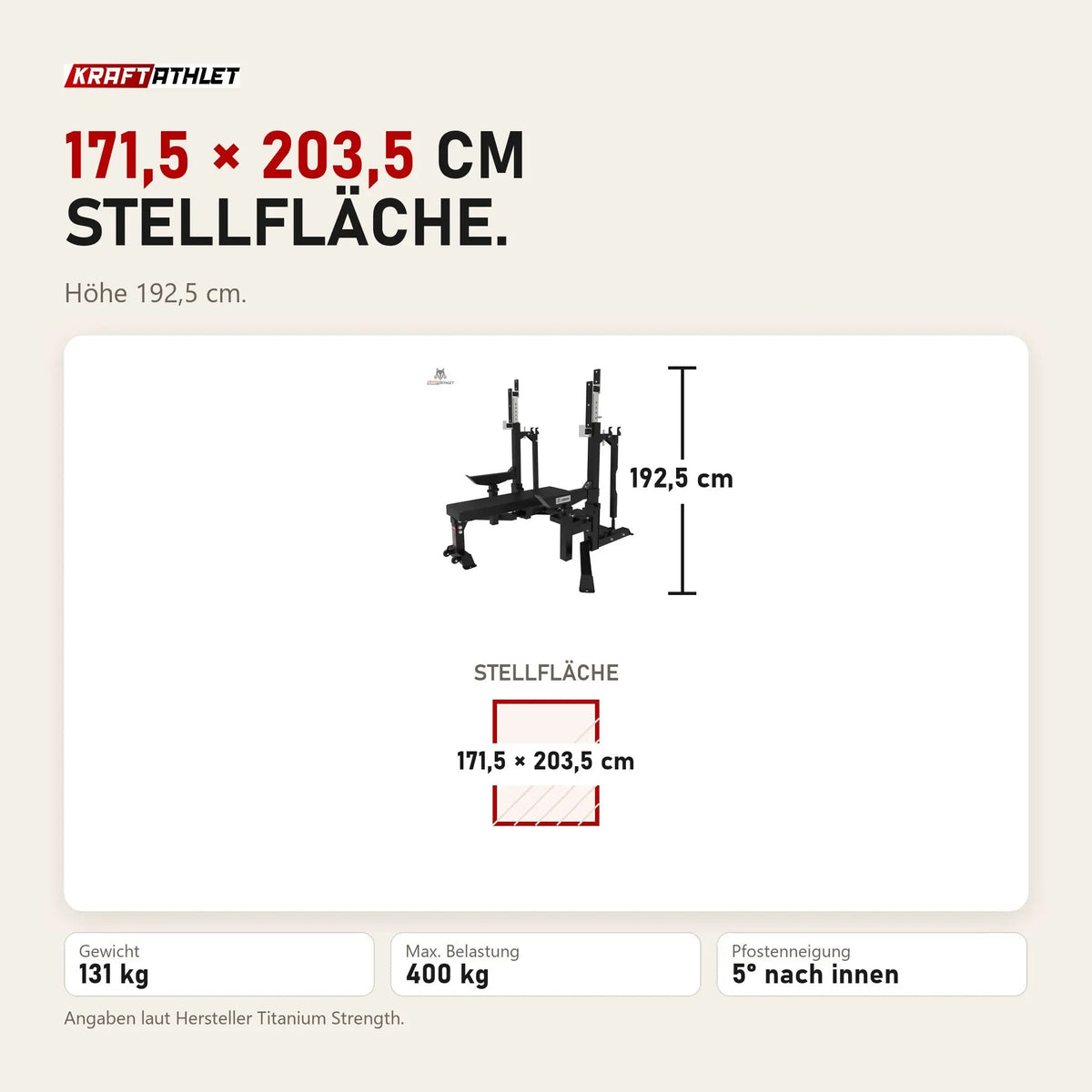 Maßbild Titanium Strength Elite Series Bankdrücken & Squat Rack Combo: Stellfläche 171,5 × 203,5 cm, Höhe 192,5 cm