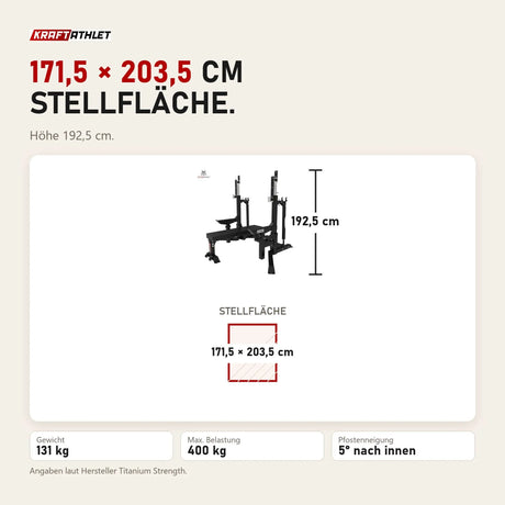 Maßbild Titanium Strength Elite Series Bankdrücken & Squat Rack Combo: Stellfläche 171,5 × 203,5 cm, Höhe 192,5 cm