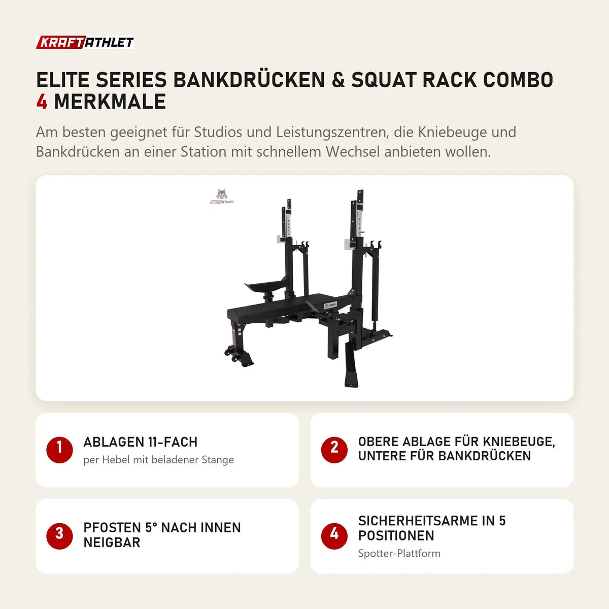 Titanium Strength Elite Series Bankdrücken & Squat Rack Combo mit 4 Merkmalen: Ablagen 11-fach, Obere Ablage für Kniebeuge, untere für Bankdrücken, Pfosten 5° nach innen neigbar, Sicherheitsarme in 5 Positionen