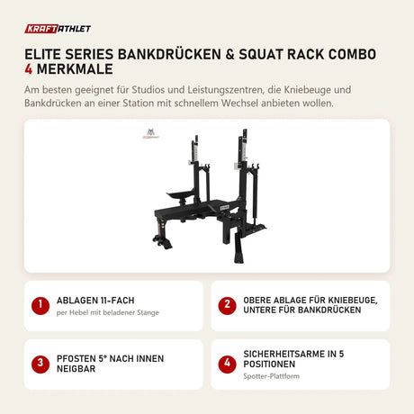 Titanium Strength Elite Series Bankdrücken & Squat Rack Combo mit 4 Merkmalen: Ablagen 11-fach, Obere Ablage für Kniebeuge, untere für Bankdrücken, Pfosten 5° nach innen neigbar, Sicherheitsarme in 5 Positionen