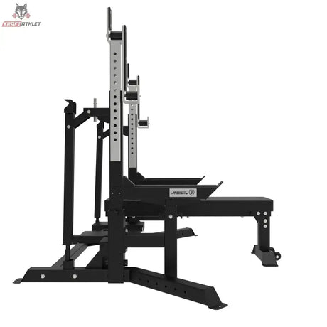 Titanium Strength Elite Series Bankdrücken & Squat Rack Combo in Seitenansicht mit Lochraster der Ständer und Bankpolster