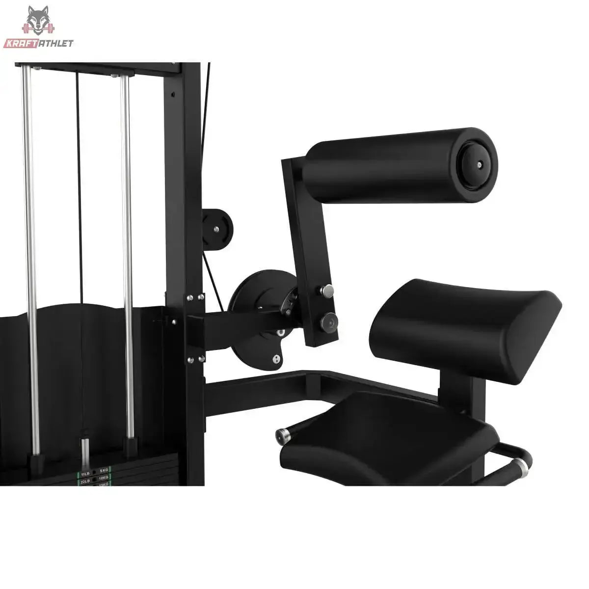 Titanium Strength Elite Series Bauchmuskelmaschine – Detail von Rückenrolle, Sitzpolster und Hebelarm