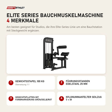 Titanium Strength Elite Series Bauchmuskelmaschine mit 4 Merkmalen: Gewichtsstapel 100 kg, Führungsstangen Edelstahl 25 mm, Gewichtsplatten mit Farbmarkierung Grün/Gelb/Rot, Nylonummantelter Seilzug 7 × 19