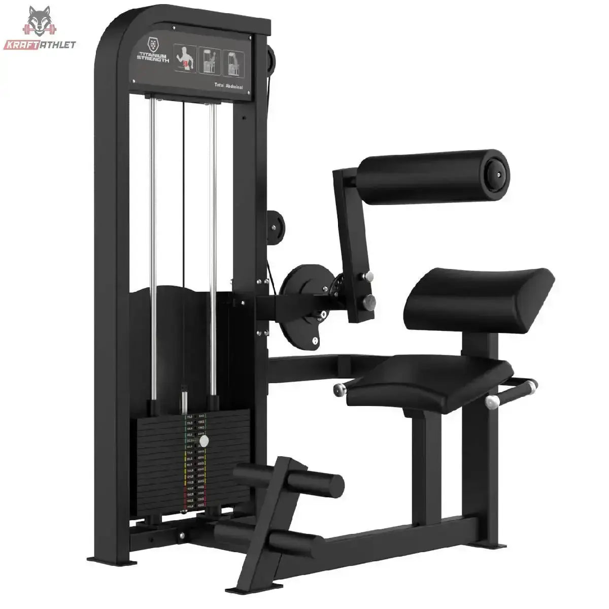 Titanium Strength Elite Series Bauchmuskelmaschine – Schrägansicht mit Rückenrolle, Sitz und Gewichtsturm