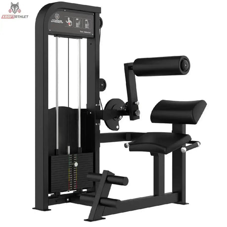 Titanium Strength Elite Series Bauchmuskelmaschine – Schrägansicht mit Rückenrolle, Sitz und Gewichtsturm