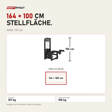 Maßbild Titanium Strength Elite Series Beinbeuger liegend: Stellfläche 164 × 100 cm, Höhe 155 cm