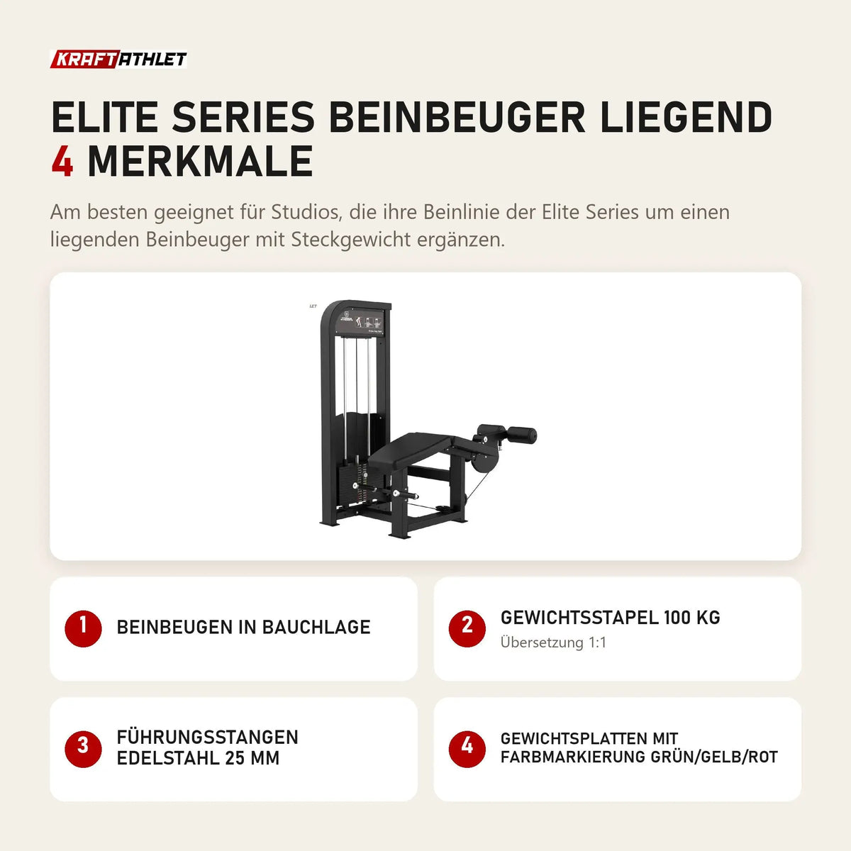 Titanium Strength Elite Series Beinbeuger liegend mit 4 Merkmalen: Beinbeugen in Bauchlage, Gewichtsstapel 100 kg, Führungsstangen Edelstahl 25 mm, Gewichtsplatten mit Farbmarkierung Grün/Gelb/Rot