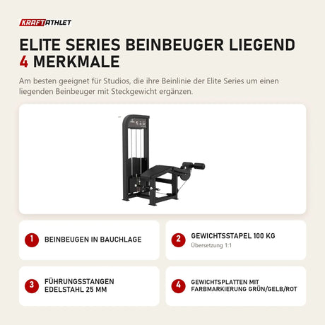 Titanium Strength Elite Series Beinbeuger liegend mit 4 Merkmalen: Beinbeugen in Bauchlage, Gewichtsstapel 100 kg, Führungsstangen Edelstahl 25 mm, Gewichtsplatten mit Farbmarkierung Grün/Gelb/Rot
