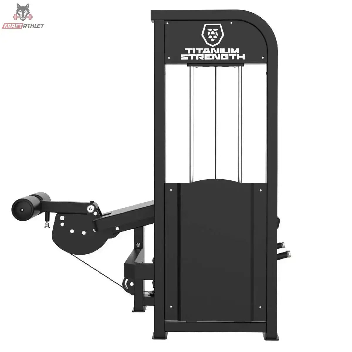 Titanium Strength Elite Series Beinbeuger liegend – Rückansicht mit Abdeckung des Gewichtsturms und seitlicher Beinrolle