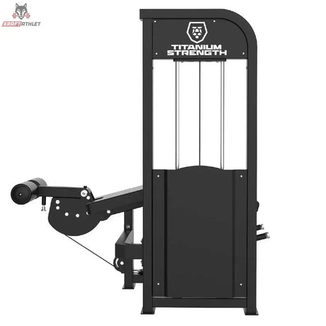 Titanium Strength Elite Series Beinbeuger liegend – Rückansicht mit Abdeckung des Gewichtsturms und seitlicher Beinrolle
