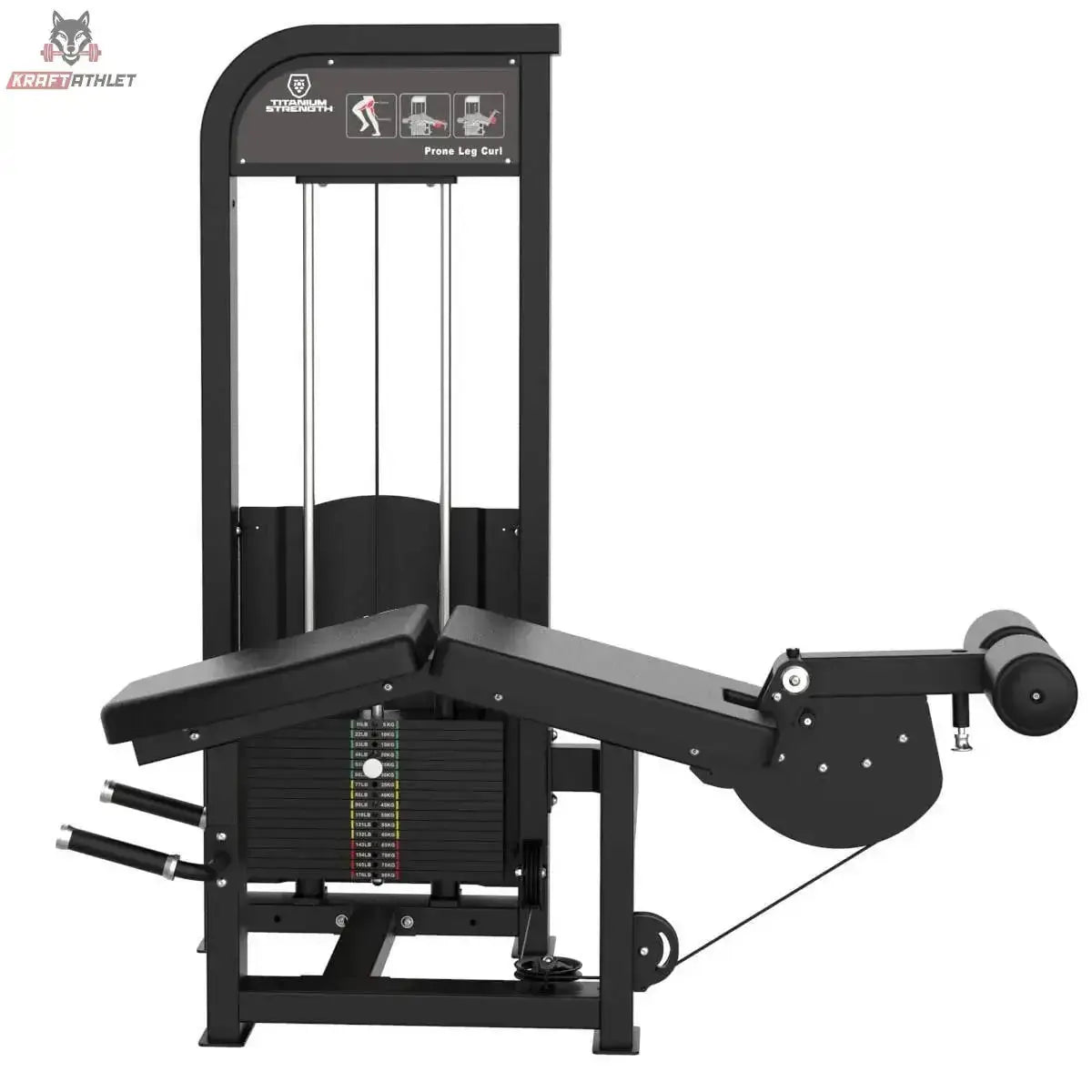 Titanium Strength Elite Series Beinbeuger liegend – Seitenansicht mit Liegepolster, Hebelarm und Beinrolle