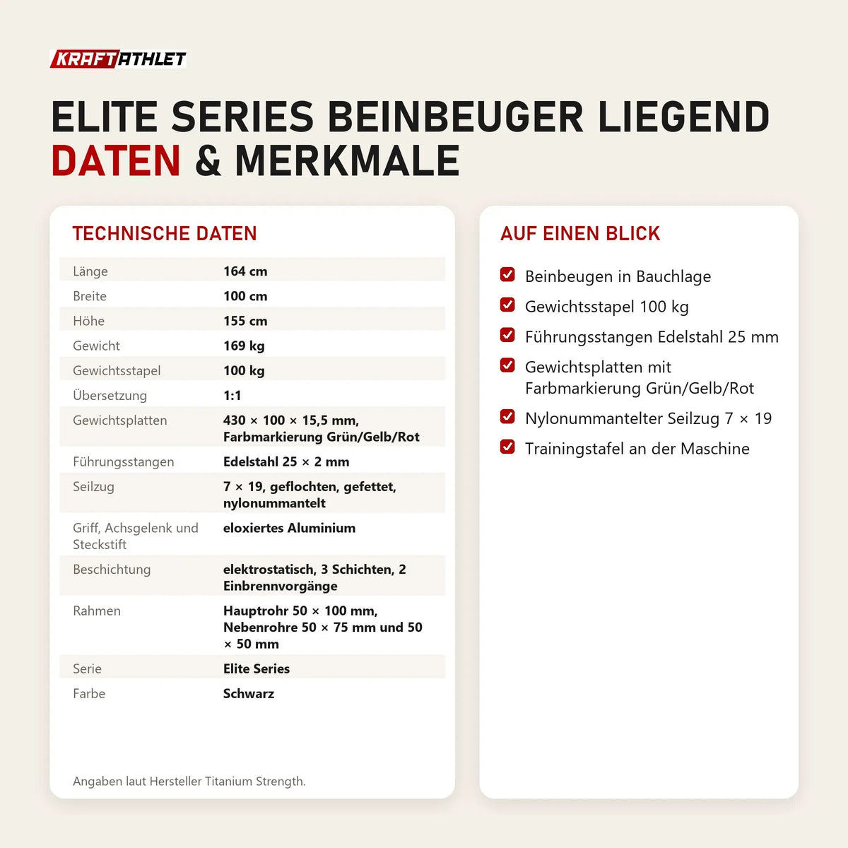 Technische Daten und Merkmale von Titanium Strength Elite Series Beinbeuger liegend als Tabelle