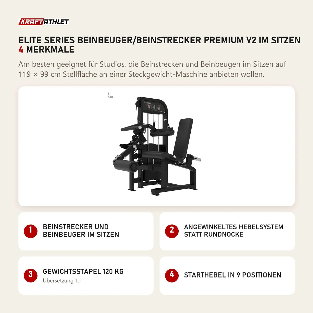 Titanium Strength Elite Series Beinbeuger/Beinstrecker Premium V2 im Sitzen mit 4 Merkmalen: Beinstrecker und Beinbeuger im Sitzen, Angewinkeltes Hebelsystem statt Rundnocke, Gewichtsstapel 120 kg, Starthebel in 9 Positionen