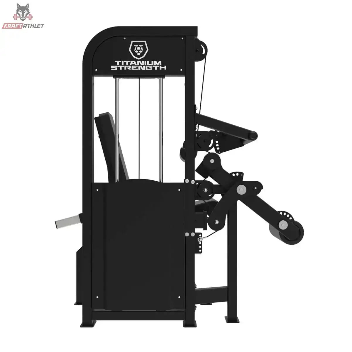 Titanium Strength Elite Series Beinbeuger/Beinstrecker Premium V2 im Sitzen – Rückansicht mit Gewichtsturm und Logo