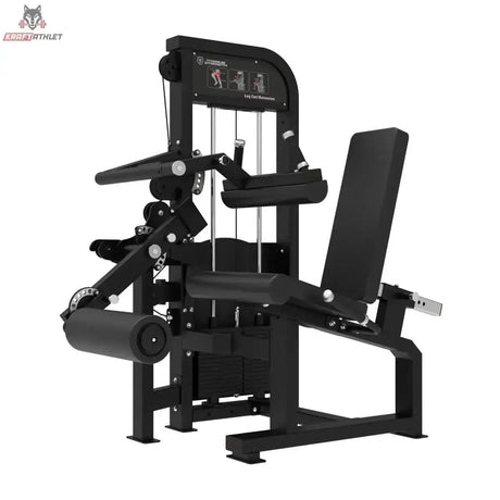 Titanium Strength Elite Series Beinbeuger/Beinstrecker Premium V2 im Sitzen – Schrägansicht mit Beinrollen, Rückenlehne und Gewichtsturm
