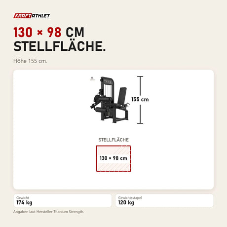 Maßbild Titanium Strength Elite Series Beinbeuger sitzend: Stellfläche 130 × 98 cm, Höhe 155 cm