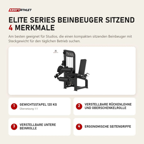 Titanium Strength Elite Series Beinbeuger sitzend mit 4 Merkmalen: Gewichtsstapel 120 kg, Verstellbare Rückenlehne und Oberschenkelrolle, Verstellbare untere Beinrolle, Ergonomische Seitengriffe