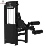 Titanium Strength Elite Series Beinbeuger sitzend – Schrägansicht von hinten mit Gewichtsturm und Beinrollen